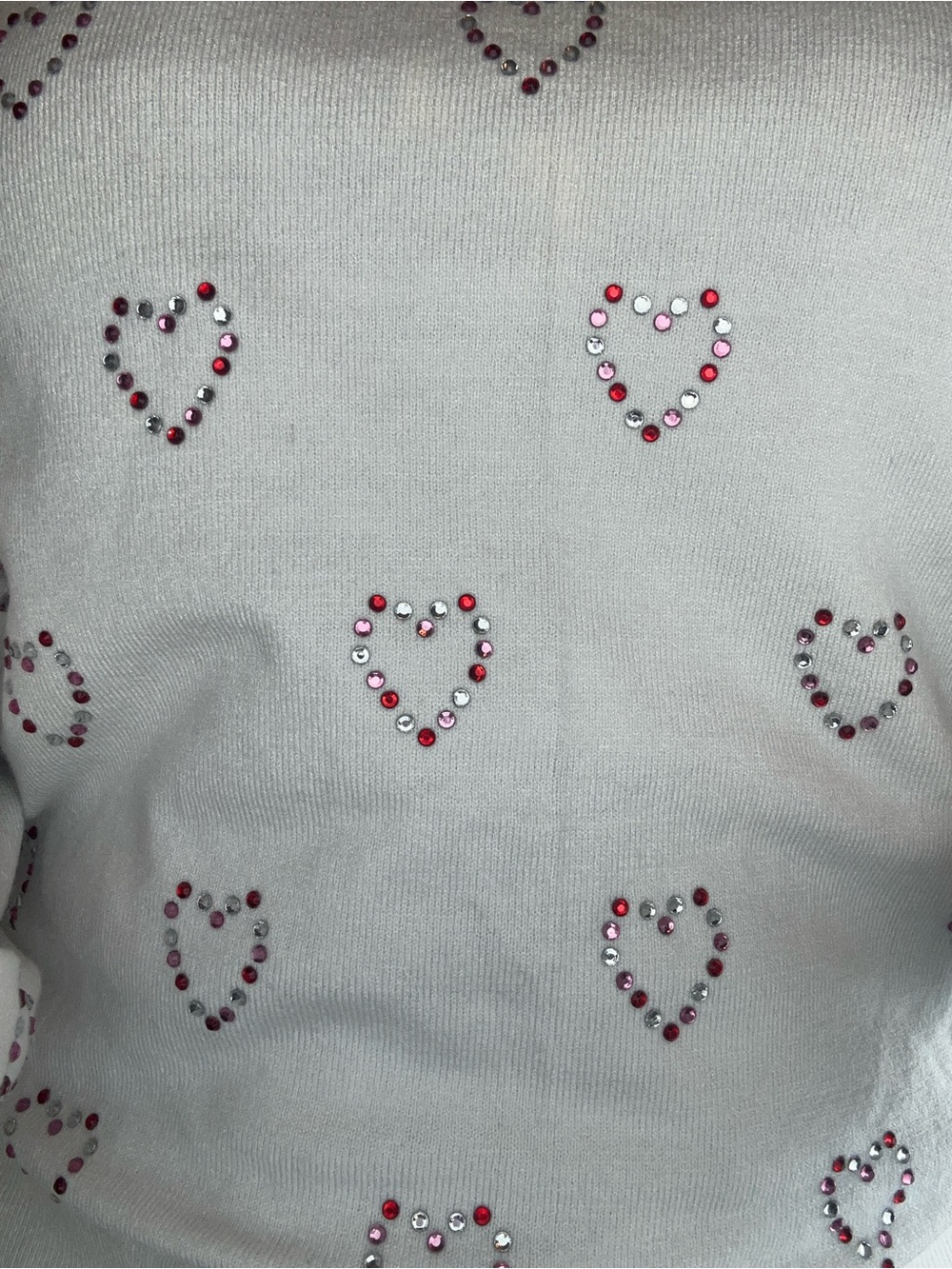 Marled White Rhinestone Heart Sweater Womens XS Crew Neck Soft Knit NEW - Picture 6 of 7